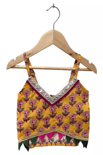 woven cotton sleeveless printed top with printed lehenga-mustard & green
