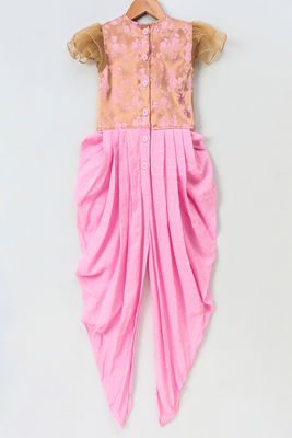 woven half sleeves embellished jumpsuit-golden & babypink 3