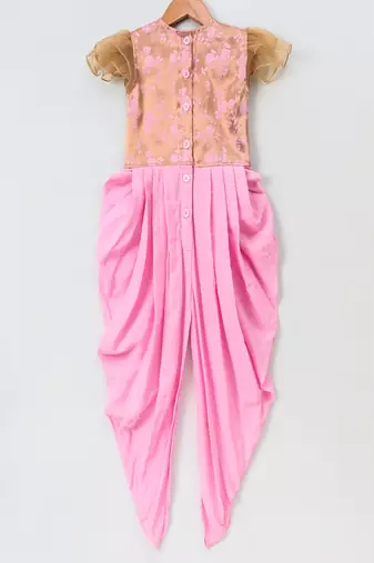 woven half sleeves embellished jumpsuit-golden & babypink