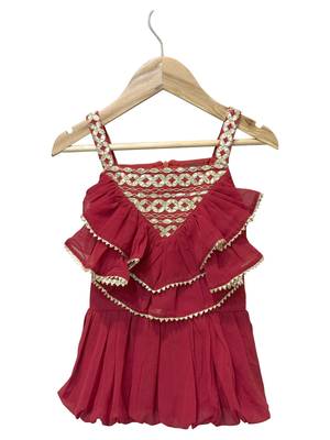 woven georgette sleeveless embellished top with palazzo-maroon 2