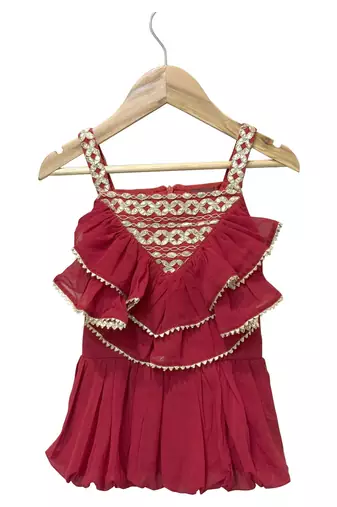 woven georgette sleeveless embellished top with palazzo-maroon