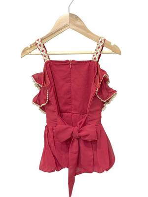 woven georgette sleeveless embellished top with palazzo-maroon 3