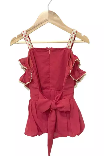 woven georgette sleeveless embellished top with palazzo-maroon