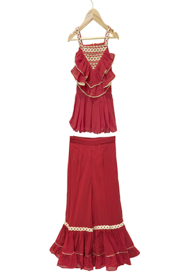 woven georgette sleeveless embellished top with palazzo-maroon 1