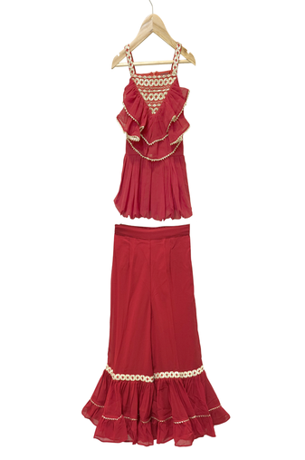 woven georgette sleeveless embellished top with palazzo-maroon