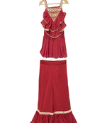 woven georgette sleeveless embellished top with palazzo-maroon