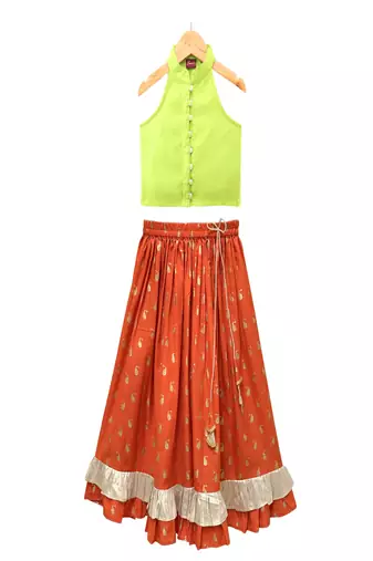 woven chanderi sleeveless solid top with printed lehenga-limegreen & orange