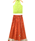 woven chanderi sleeveless solid top with printed lehenga-limegreen & orange
