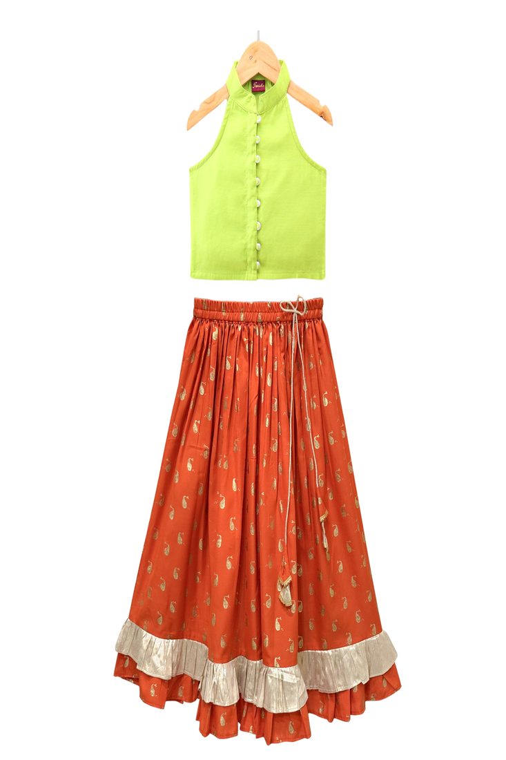 woven chanderi sleeveless solid top with printed lehenga-limegreen & orange