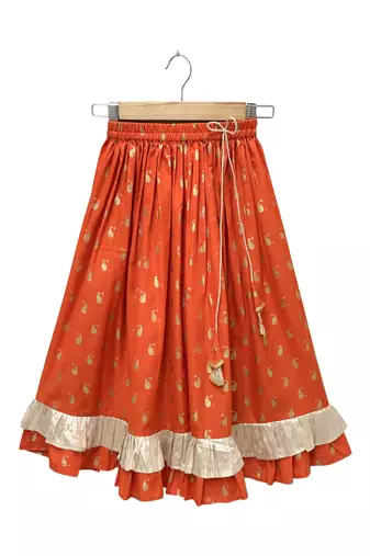 woven chanderi sleeveless solid top with printed lehenga-limegreen & orange