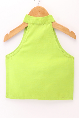 woven chanderi sleeveless solid top with printed lehenga-limegreen & orange 4