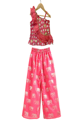woven chanderi sleeveless embroidered top with printed palazzo- coral 1