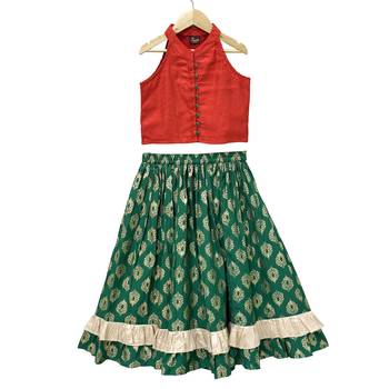 woven  sleeveless solid top with printed lehenga-red  & green 1