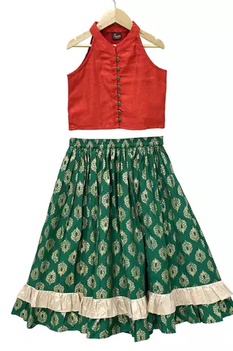 woven  sleeveless solid top with printed lehenga-red  & green
