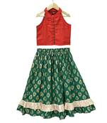 woven  sleeveless solid top with printed lehenga-red  & green