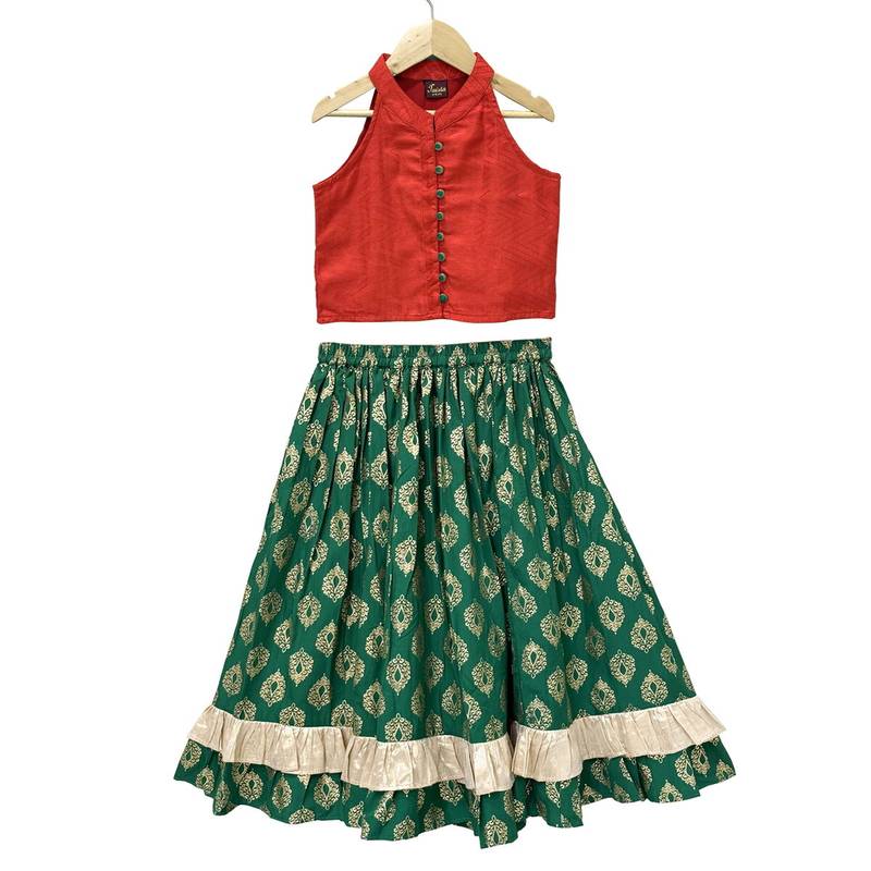 woven  sleeveless solid top with printed lehenga-red  & green