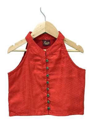 woven  sleeveless solid top with printed lehenga-red  & green 2
