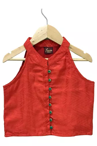 woven  sleeveless solid top with printed lehenga-red  & green