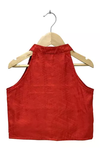 woven  sleeveless solid top with printed lehenga-red  & green