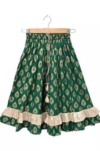 woven  sleeveless solid top with printed lehenga-red  & green
