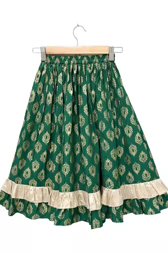 woven  sleeveless solid top with printed lehenga-red  & green