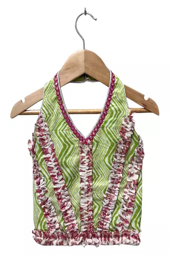woven cotton sleeveless printed top with printed lehenga-olivegreen & pink