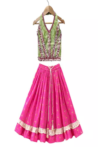 woven cotton sleeveless printed top with printed lehenga-olivegreen & pink