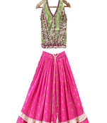 woven cotton sleeveless printed top with printed lehenga-olivegreen & pink