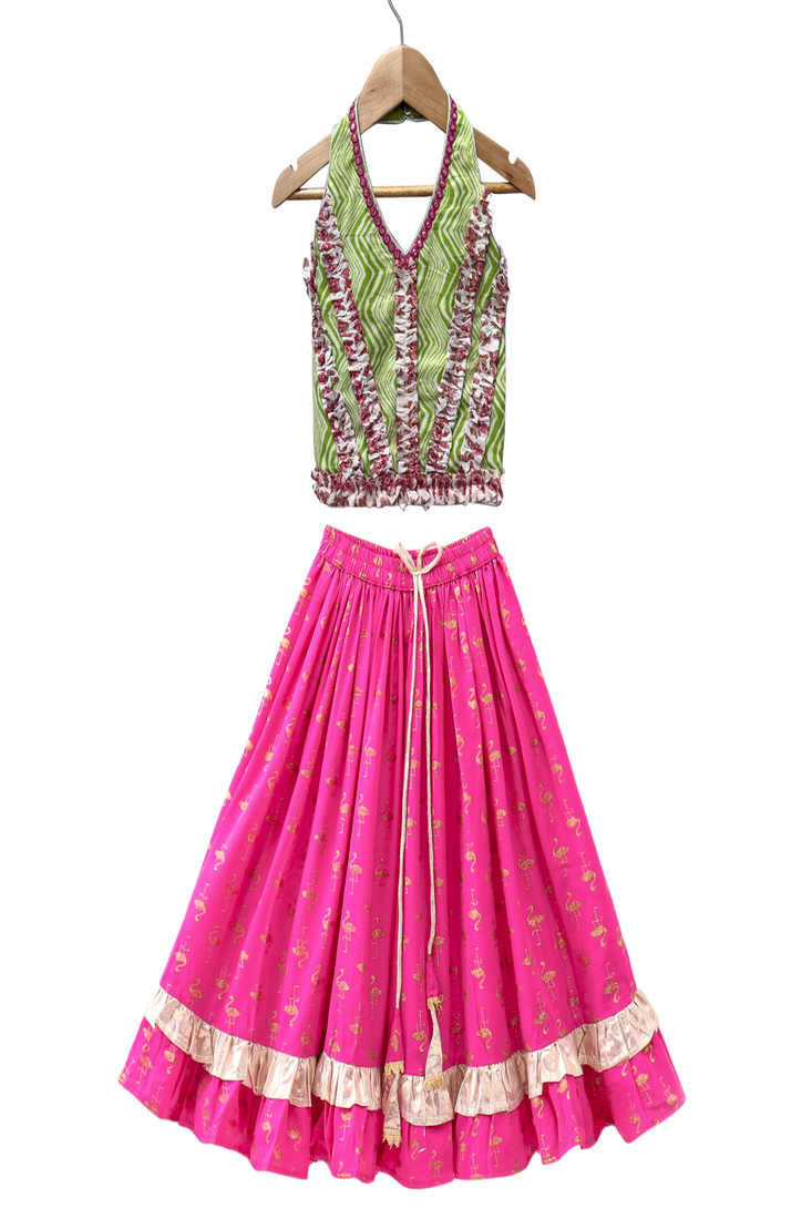 woven cotton sleeveless printed top with printed lehenga-olivegreen & pink