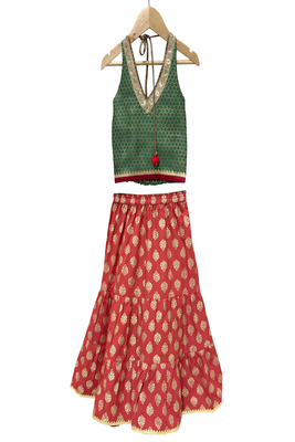 woven brocade sleeveless embellished top with printed sharara-green & red 1