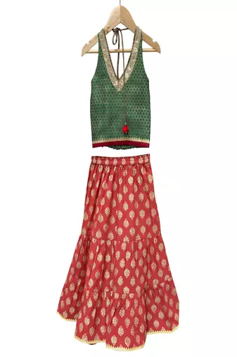 woven brocade sleeveless embellished top with printed sharara-green & red