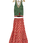 woven brocade sleeveless embellished top with printed sharara-green & red