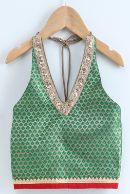 woven brocade sleeveless embellished top with printed sharara-green & red 4