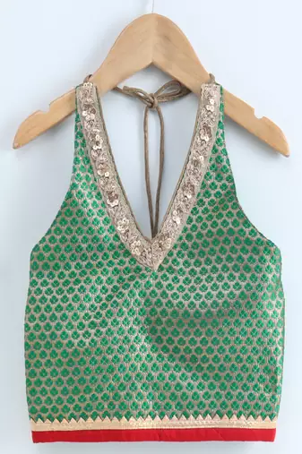 woven brocade sleeveless embellished top with printed sharara-green & red
