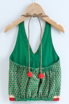 woven brocade sleeveless embellished top with printed sharara-green & red 5