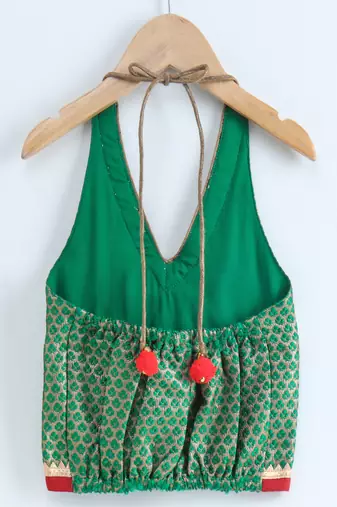 woven brocade sleeveless embellished top with printed sharara-green & red
