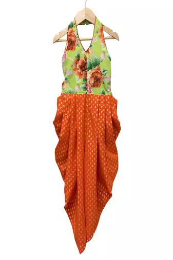 woven sleeveless printed jumpsuit-limegreen & orange