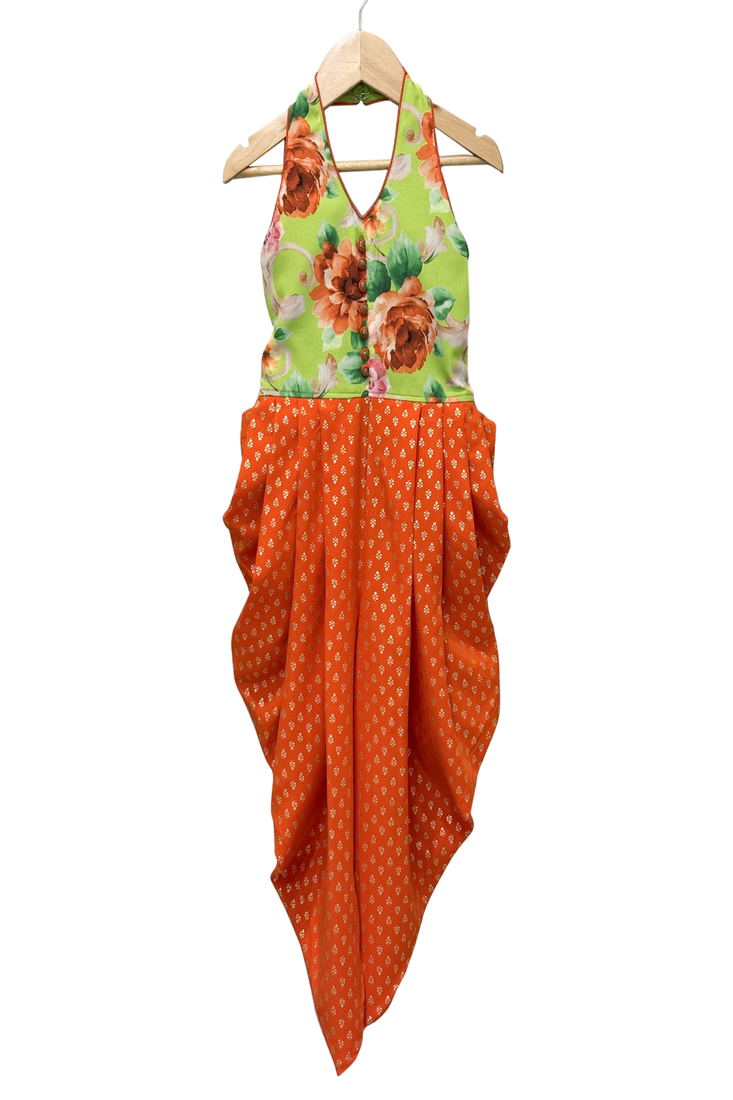 woven sleeveless printed jumpsuit-limegreen & orange