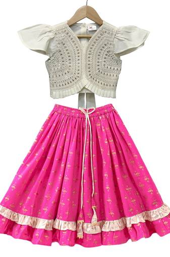 woven half sleeves embellished top with printed lehenga-white & pink