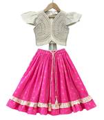 woven half sleeves embellished top with printed lehenga-white & pink