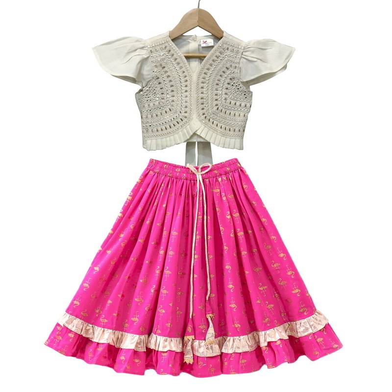 woven half sleeves embellished top with printed lehenga-white & pink