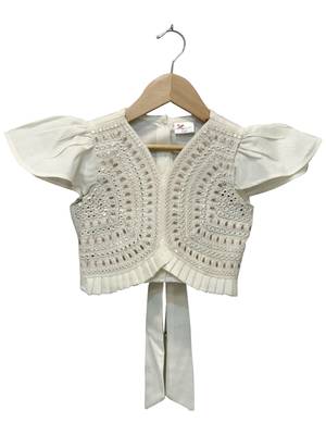 woven half sleeves embellished top with printed lehenga-white & pink 3