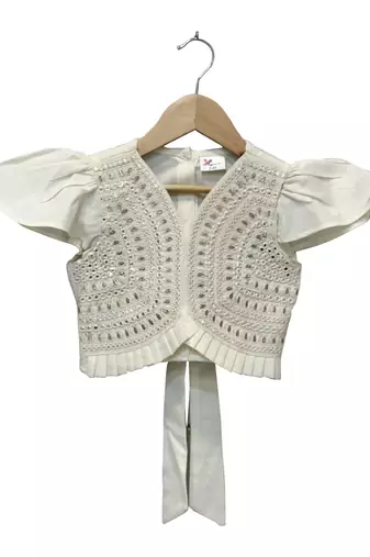 woven half sleeves embellished top with printed lehenga-white & pink