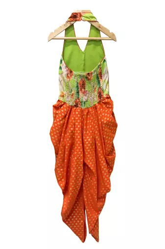 woven sleeveless printed jumpsuit-limegreen & orange