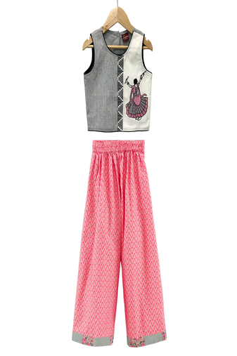woven cotton sleeveless placement embroidered top with palazzo-grey & coral