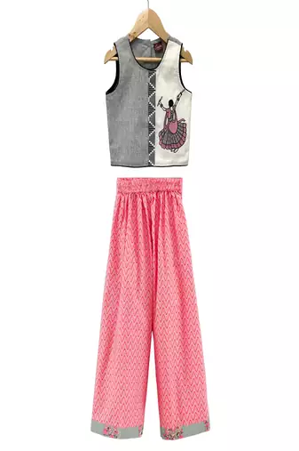 woven cotton sleeveless placement embroidered top with palazzo-grey & coral