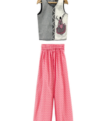 woven cotton sleeveless placement embroidered top with palazzo-grey & coral