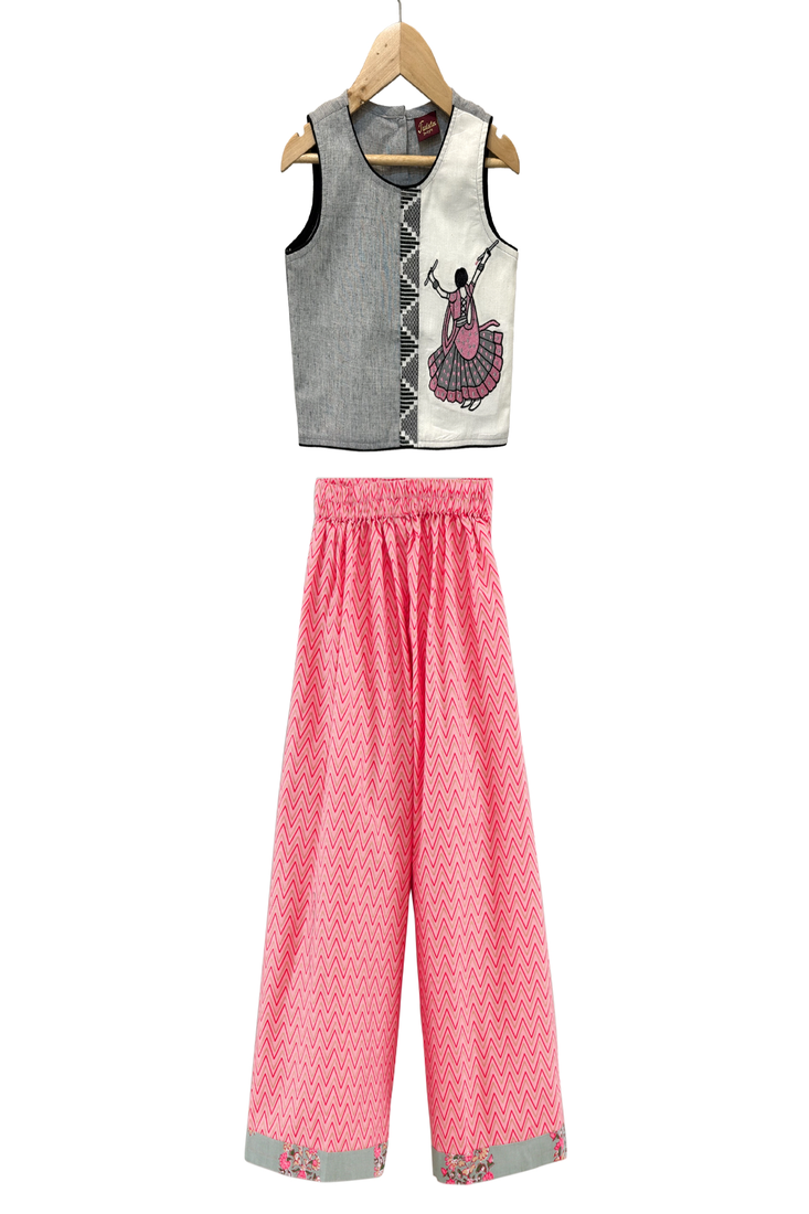 woven cotton sleeveless placement embroidered top with palazzo-grey & coral