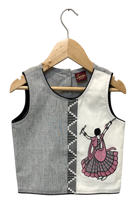 woven cotton sleeveless placement embroidered top with palazzo-grey & coral 2