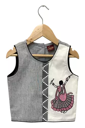 woven cotton sleeveless placement embroidered top with palazzo-grey & coral